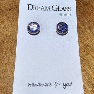 Dream Glass Studio Blue and Copper Tone Dichroic Glass Stud Earrings 925